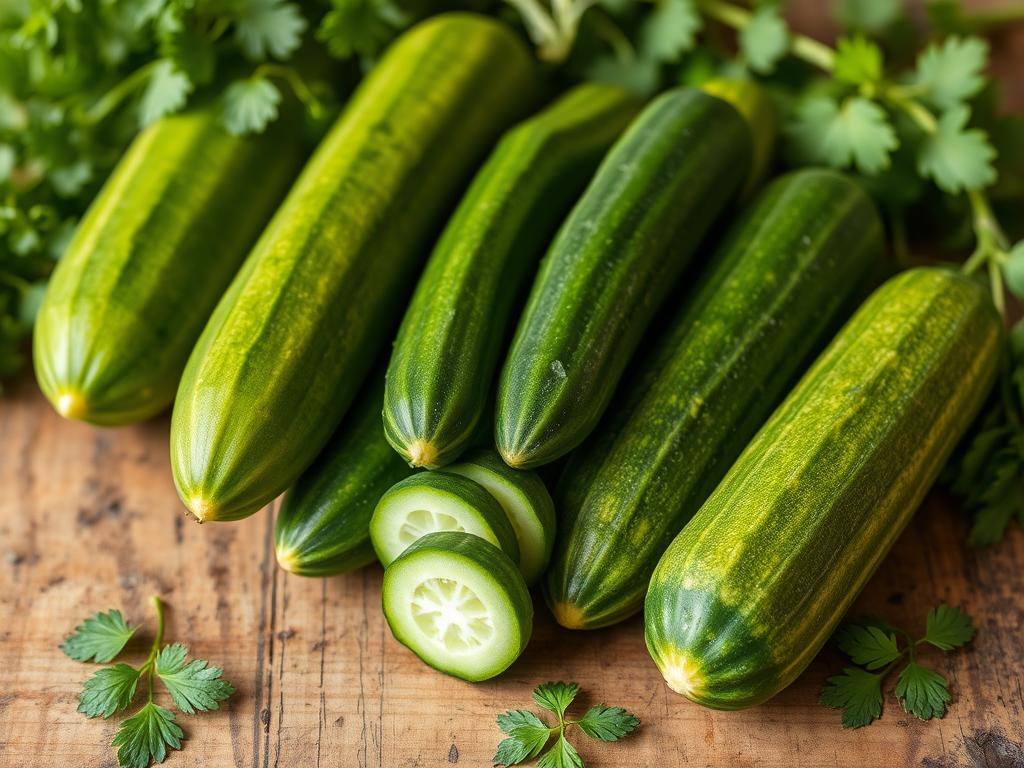 English cucumbers, Persian cucumbers, and pickling cucumbers English cucumbers, Persian cucumbers, and pickling cucumbers